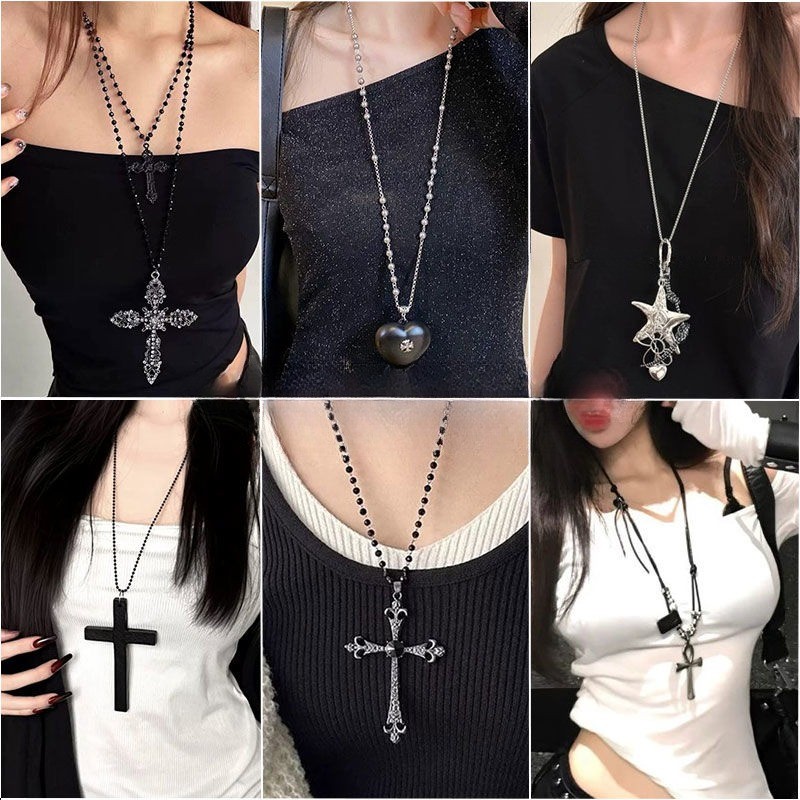 Vòng cổ chữ thập bạc Y2k Vòng cổ trái tim đen
