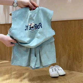Bộ áo vest cotton mỏng mùa hè cho bé trai, áo thun không tay in hình hoạt hình và quần short hai mảnh