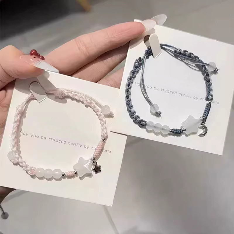 Vòng tay cặp đôi bện hình ngôi sao và mặt trăng, dây điều chỉnh phù hợp làm quà