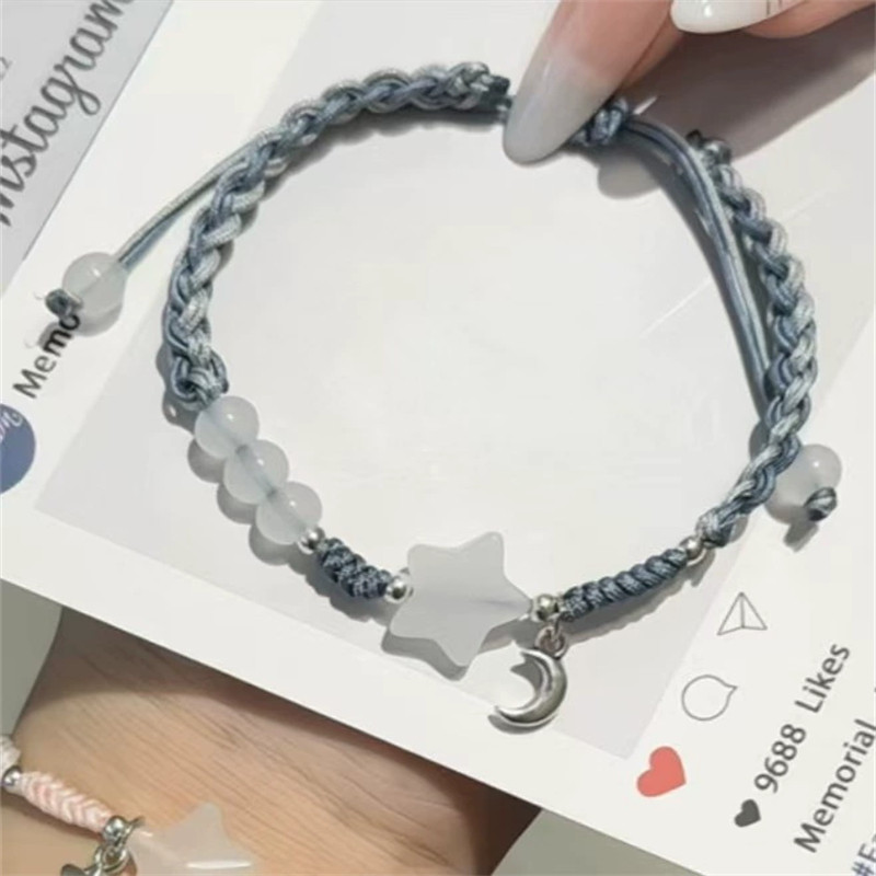 Vòng tay cặp đôi bện hình ngôi sao và mặt trăng, dây điều chỉnh phù hợp làm quà