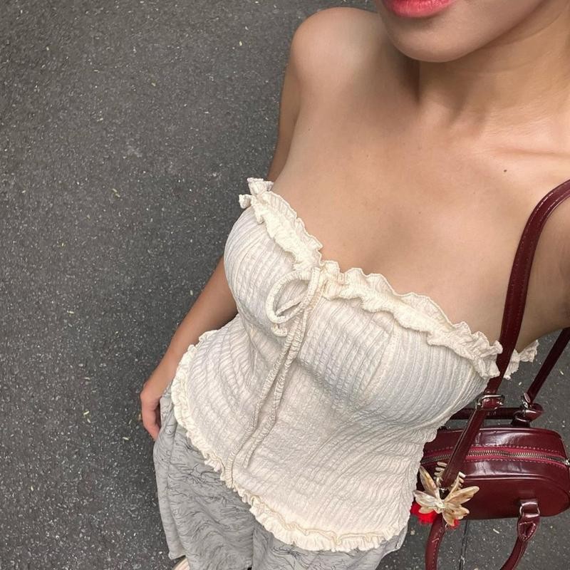 Áo Ống Nữ Cúp Ngực Kiểu Viền Bèo PINKSTORE29 Có Dây Buộc Cổ, Phong Cách Xinh Xắn A5786 Women Top
