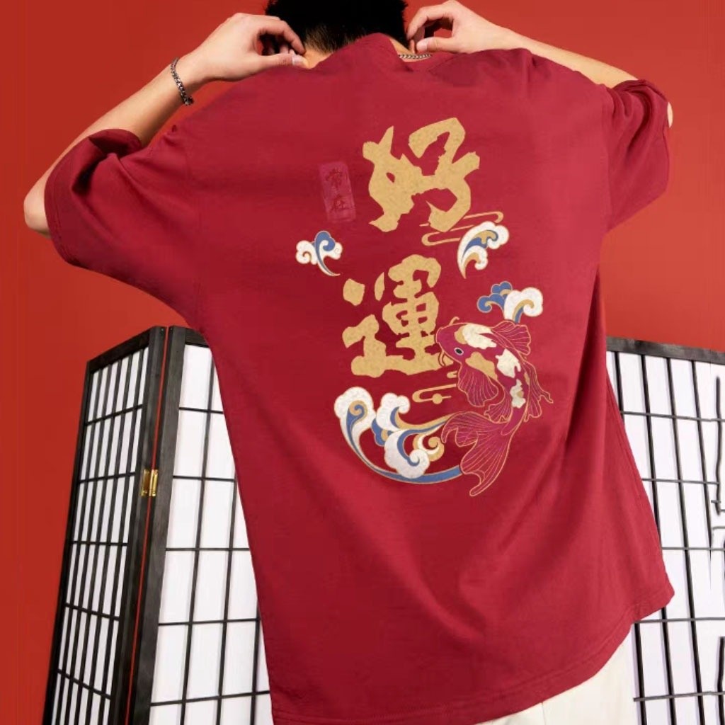 Trung Quốc Retro Mới 2025 Sáng Tạo Cá Koi In Cổ Tròn Ngắn Tay Áo T-Shirt Unisex