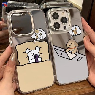 Ốp Gương Cặp Đôi Hoạt Hình Puppy Cho iPhone 16 Pro Max 15 14 Plus 13 12 Mini 11 Pro Max X XR XS Max 8 7 6 6s Plus SE2 SE3 Vỏ Mềm Dễ Thương Chó Chống Rơi Vỏ Điện Thoại