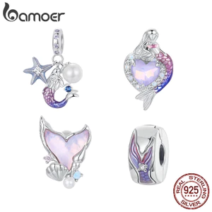 Bamoer 925 Sterling Sliver Charm Mặt dây chuyền nàng tiên cá màu tím cho vòng tay Quà tặng cho Momen
