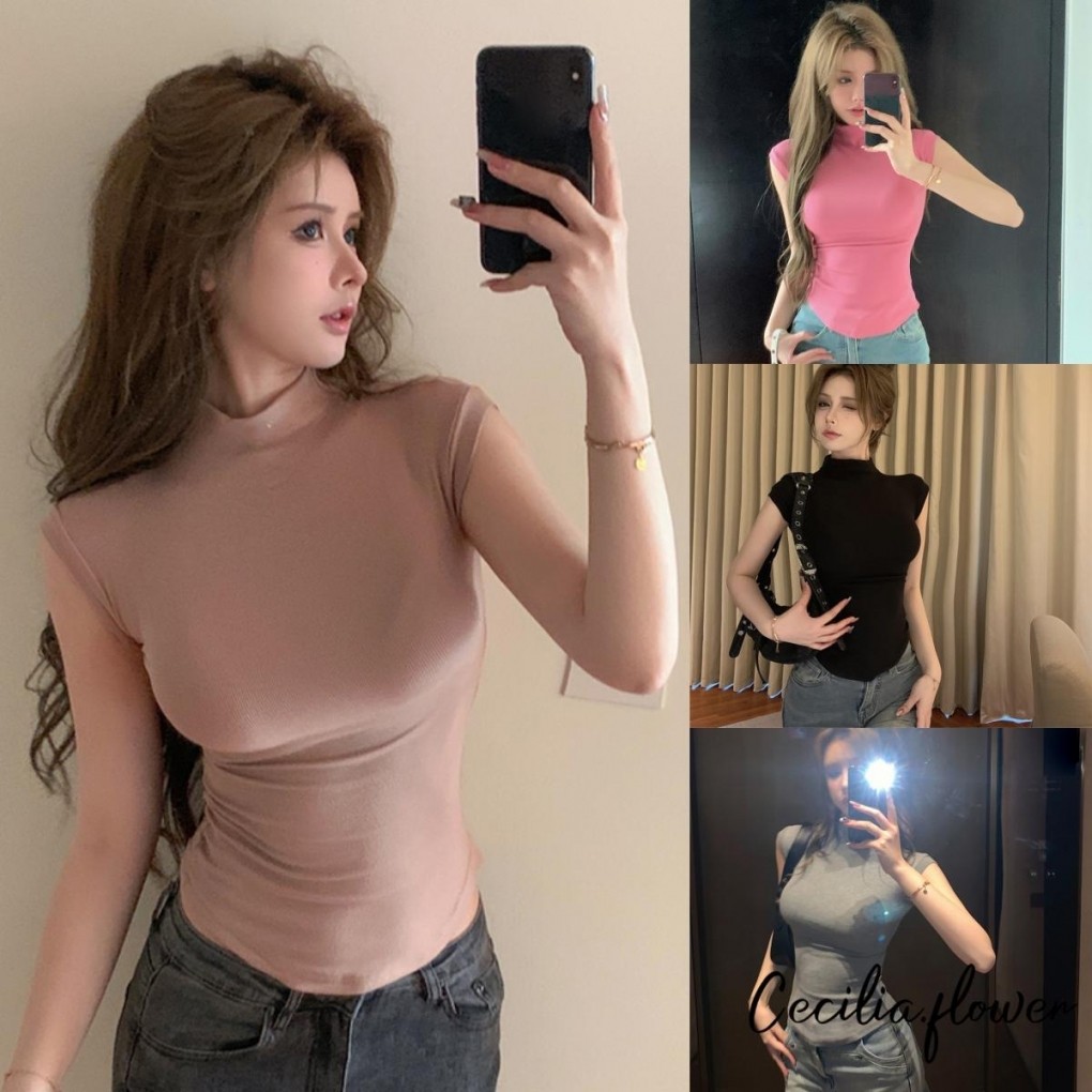 Áo Crop top co giãn dành cho nữ Slim màu trơn Mock cổ cong viền áo sơ mi không tay cho mùa hè