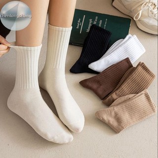 Chenlongshang Đen Trắng Tất Nữ Thu Đông Giữa Ống Tất Hàn Quốc Nhật Bản Ins Xu Hướng Cotton Cà Phê Retro Thiết Kế Tất Cho Học Sinh EN
