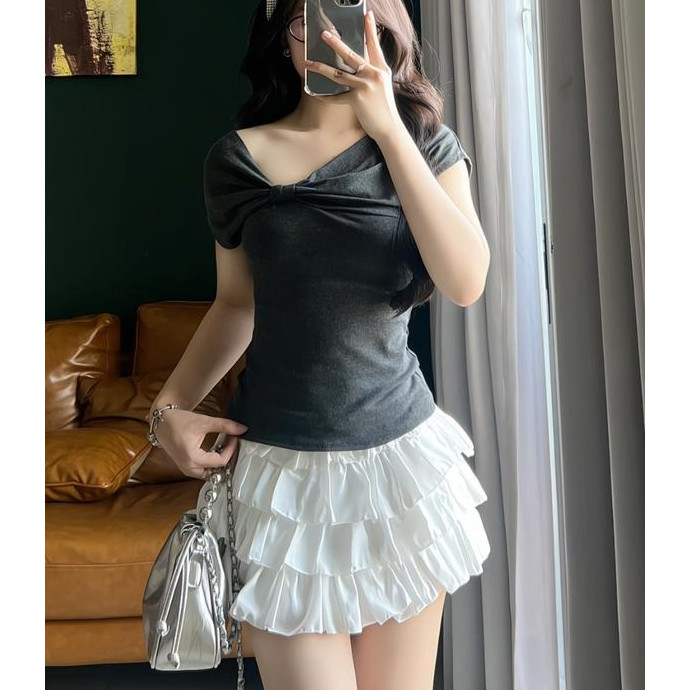 Áo Nhún Nơ Ngực Lệch Vai, Áo Thun Trễ Vai Xoắn Chéo Ngực Ôm Body Phong Cách Ullzang_A513