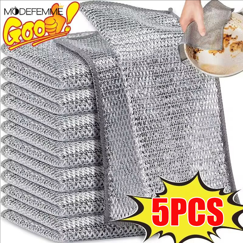 [Trang chủ] Dụng cụ chà sàn bằng thép dày 5 gói - Công suất chà hai mặt cho chậu cháy, Chất tẩy rửa bề mặt chống trầy xước có sợi nhỏ, không rỉ sét & không xơ