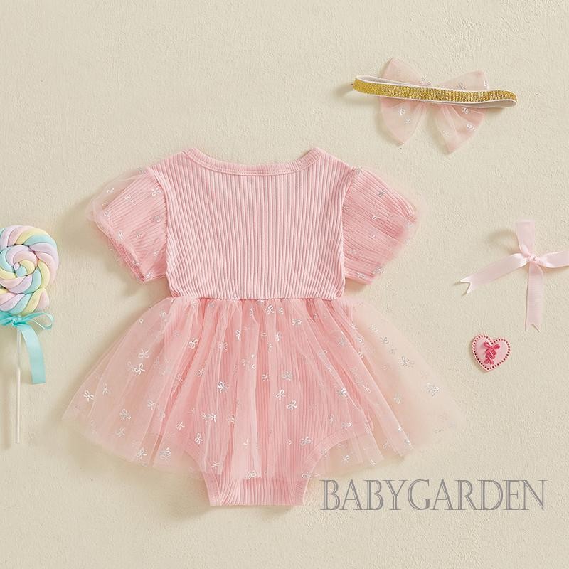 / / -Bộ áo liền quần mùa hè cho bé gái Áo liền quần ngắn tay chắp vá có băng đô dễ thương