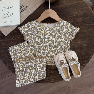 Bộ đồ ngủ màu tương phản dành cho bé gái mẫu mỏng mùa hè, đồ mặc nhà cho bé gái phong cách công chúa hoa nhí, bộ đồ hai chiếc ngắn tay