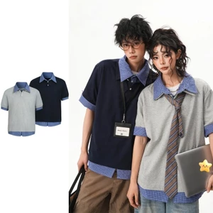 TIANLESIWEI American retro màu xanh hải quân kẻ sọc giả hai mảnh áo sơ mi polo mùa hè phong cách trung lập áo thun cotton nguyên chất