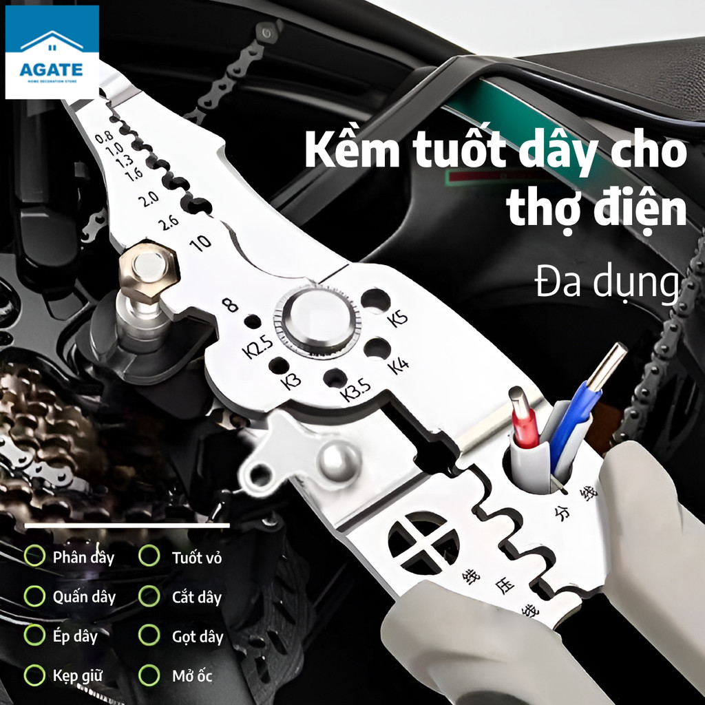 Kìm tuốt dây đa năng, kềm cắt kèm bấm cos, tách vỏ, xoắn dây, inox ...