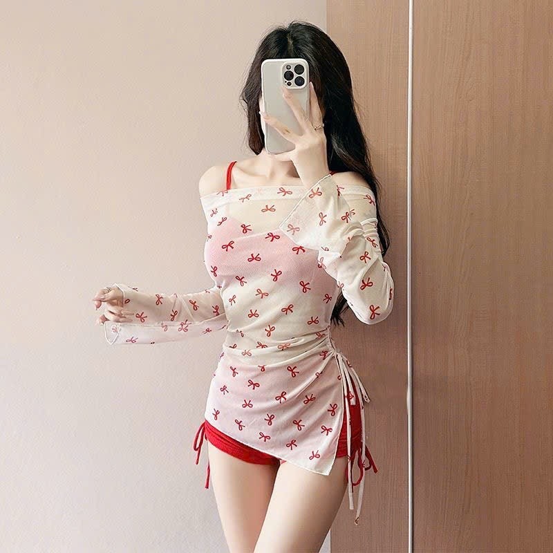 Set bộ đồ bơi bikini 3 chi tiết thiết kế họa tiết nơ trễ vai hottrend phong cách sexy gợi cảm XIMIMI BKN61
