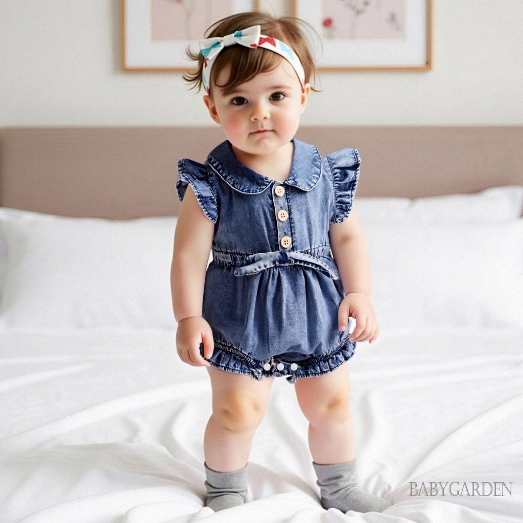 / / -Baby Girl Denim Romper Bay Tay Nút Đóng Quần Áo Trẻ Sơ Sinh Quần Áo Mùa Hè Cho Thường Ngày