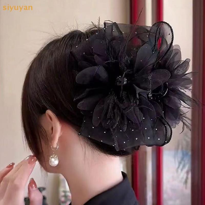 Siyuyan Lưới Ren Đen Ruy Băng Nơ Kẹp Tóc Lớn Đuôi Ngựa Giá Đỡ Kẹp Tóc Phụ Kiện Tóc Cho Nữ VN