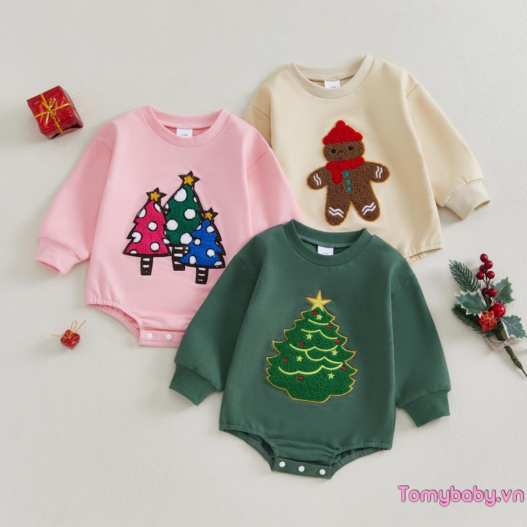 Áo liền quần Giáng sinh cho bé Bộ áo liền quần dài tay cổ tròn Gingerbread Man / Tree