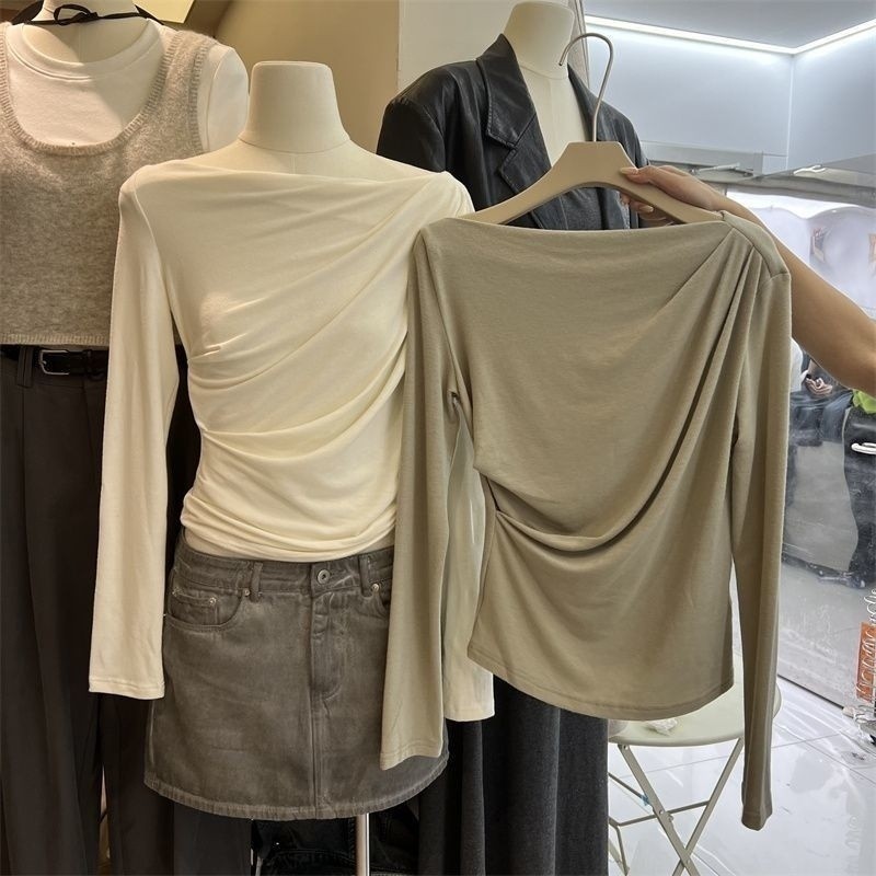 Milyfashion Modal Cổ phẳng xếp ly Thiết kế dài tay T Slim-fit Slimmer Look Hợp thời trang
