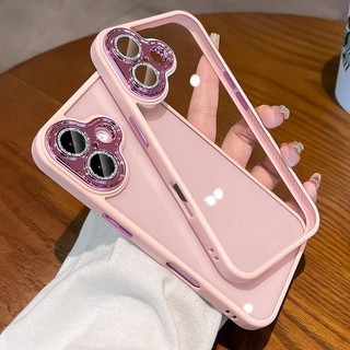 [Dành cho iPhone 16 Series] Tấm chắn pha lê màu hồng có màng ống kính Vỏ điện thoại cho iPhone 16 15 14 Pro Max 11 12 Pro Max 13 Pro Max Vỏ trong suốt Vỏ ốp lưng iPhone