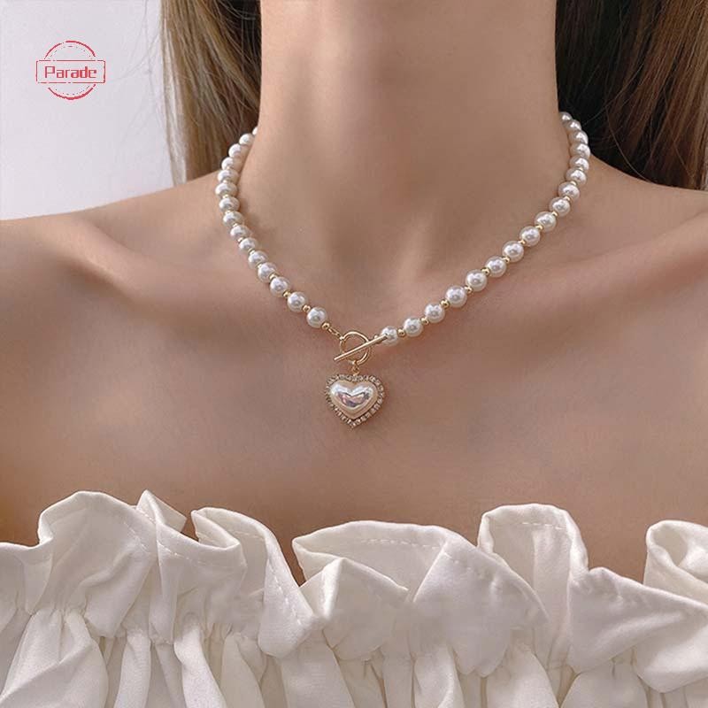 Parade Hàn Quốc Trang Sức Thanh Lịch Vòng Cổ Ngọc Trai Nữ Mặt Dây Chuyền Trái Tim Kim Cương Giả VN