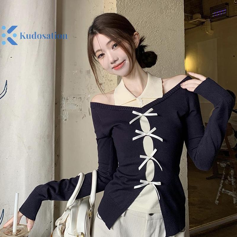 Kudosation Hàn Quốc Nữ Tắt Vai Dây Nơ Dài Tay Mỏng Giả Hai Mảnh Dệt Kim Áo Len Đẹp