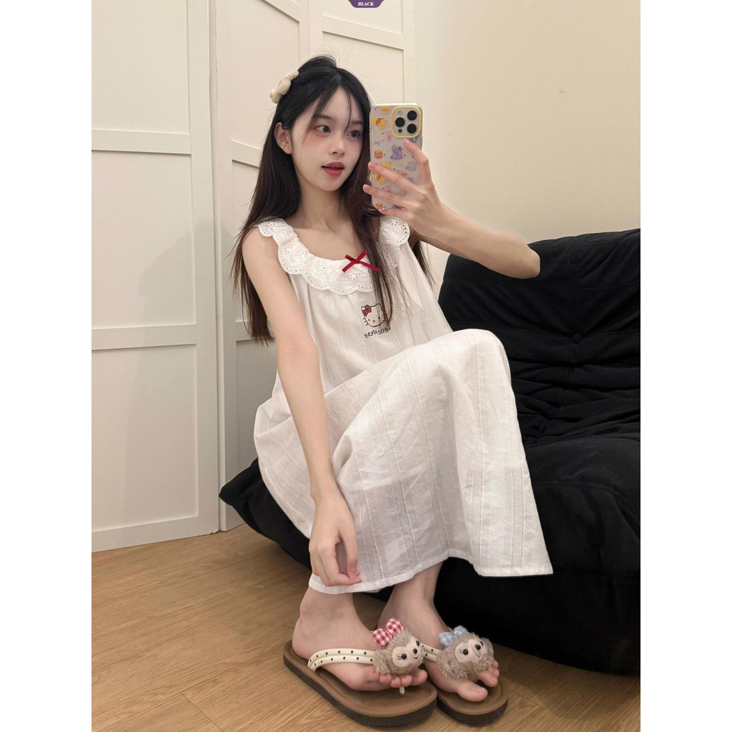 Suspender Ren Hello Kitty Váy Ngủ Nữ Mùa Hè Phong Cách Công Chúa Ký Túc Xá Nơ Ngọt Ngào Mới Quần Áo Nhà [BL]