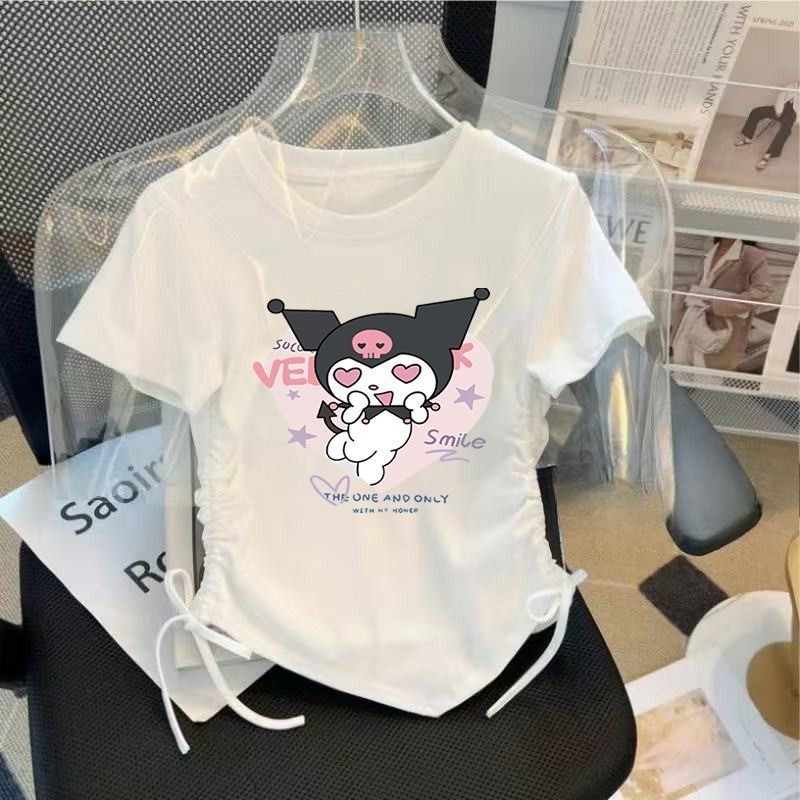 2025 My Melody & Kuromi Ice Silk Tee Bé Gái Dây Rút Áo Sơ Mi Mùa Hè Thiết Kế Hoạt Hình Dễ Thương