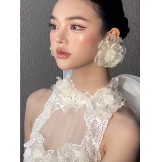 Đôi bông tai hồng cô dâu thiết kế phóng đại Hàn Quốc, hoa lớn, ngọt ngào