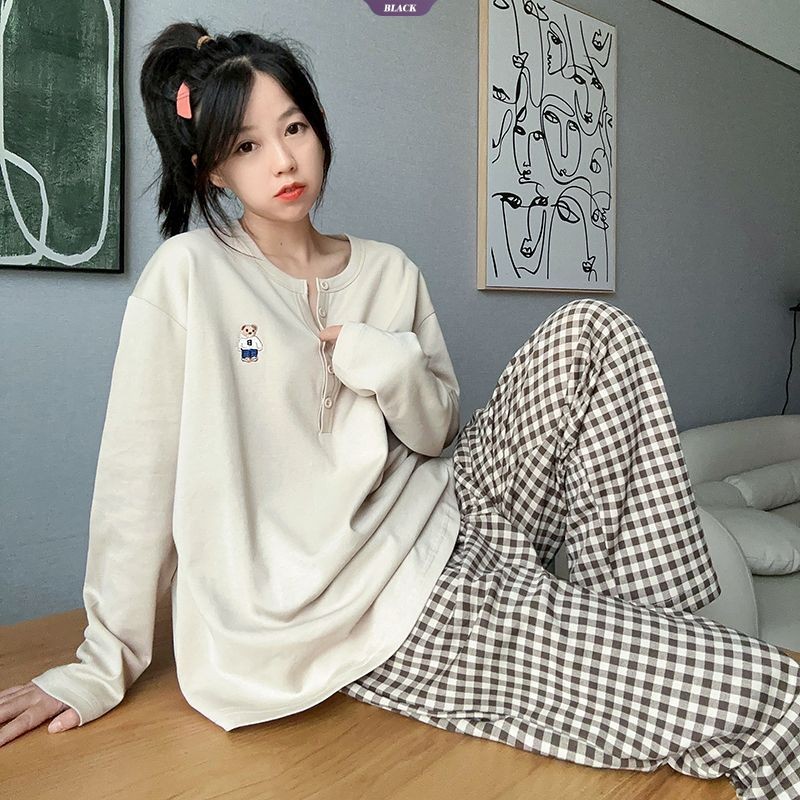 Bộ Đồ Ngủ Mới Mùa Xuân Nữ Cổ Tròn Ins Phong Cách Dài Tay Kẻ Sọc Gấu Rời Homewear Bộ Đồ Hai Mảnh [BL]