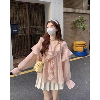 Thời Trang Hàn Quốc Nữ Tay Dài retro Rời Cổ Chữ v Cổ Thường ruffle Áo Sơ Mi Áo