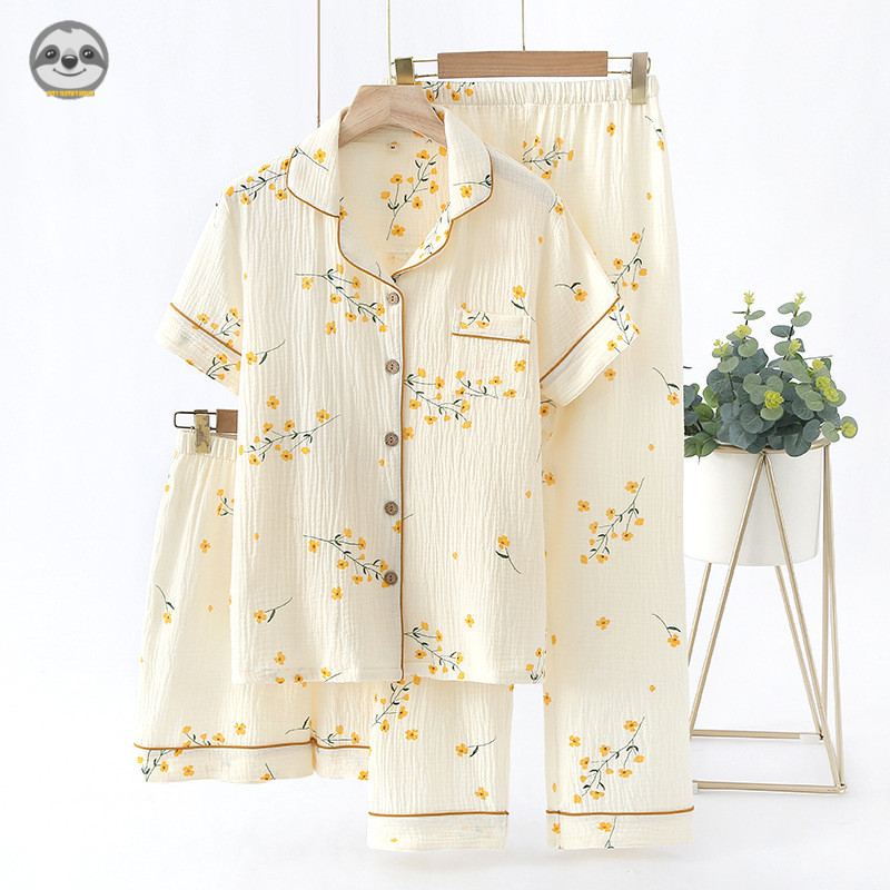 Bộ đồ ba mảnh Cotton nguyên chất Crepe mỏng dành cho nữ / Quần Short ngắn tay tươi mát nhỏ Bộ đồ ngủ Gạc Loungewear
