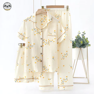 Bộ đồ ba mảnh Cotton nguyên chất Crepe mỏng dành cho nữ / Quần Short ngắn tay tươi mát nhỏ Bộ đồ ngủ Gạc Loungewear
