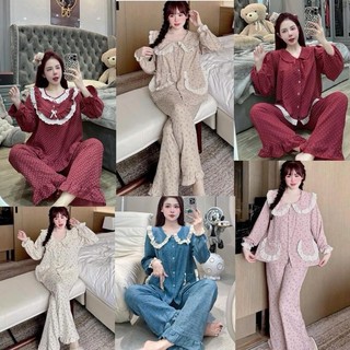 [DEAL MỞ BÁN] Bộ Đồ Ngủ Nữ JUSOKA Pijama Mặc Nhà Cổ Sen Hoạ Tiết Hoa Nhí Chất Liệu Vân Mây Dài Tay Cho Nữ DU07