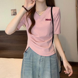 [MIZIQI] Áo thun ngắn tay cổ chữ V Cotton nguyên chất dành cho nữ, Áo thun nữ xẻ viền không đều