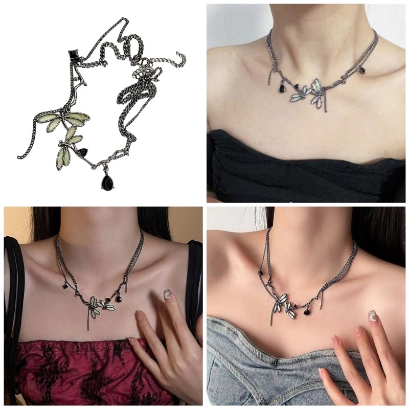Elegant Gunmetal Odonate Pendant Necklace Unique Clavicle Chain Fashion Jewelry