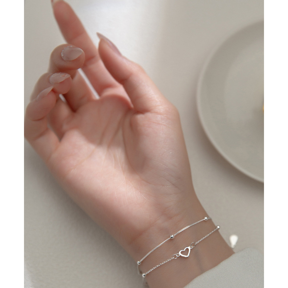 Đơn giản S925 Bạc Hai Lớp Trái Tim Tình Yêu Vòng Hạt Vòng Tay Thời Trang Lãng Mạn Nữ Trang Sức Có Thể Điều Chỉnh Quà Tặng