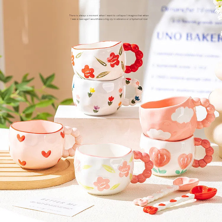 ✨Cốc gốm sứ vẽ tay có giá trị cao Cốc cà phê đính cườm tay sáng tạo Cốc nước trà chiều