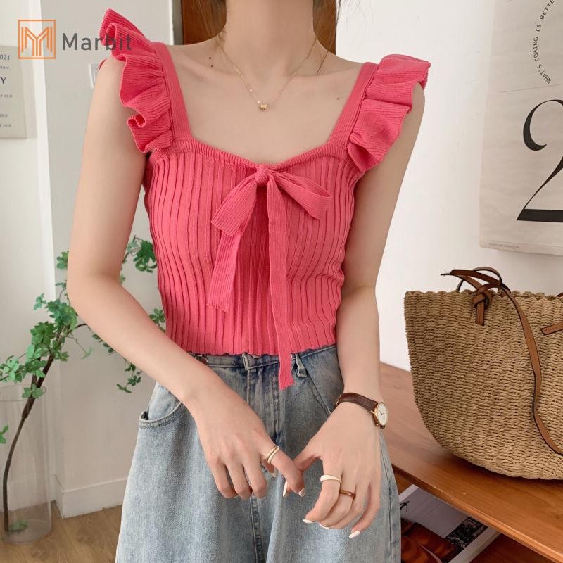 Marbit Mùa Hè Nữ Ngọt Nơ Xù Màu Trơn Không Tay Ôm Dệt Kim Camisole Mới