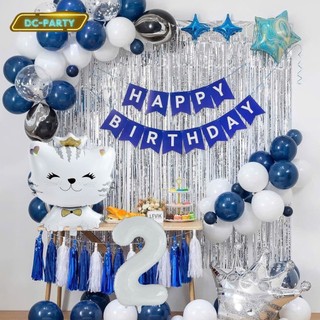 Set Bóng Trang Trí Sinh Nhật Tuổi Meo,tuổi Mão, thôi nôi, 12 con giáp cho bé gái - bé trai SNTE-RÈM BẠC 2-MÈO TRẮNG