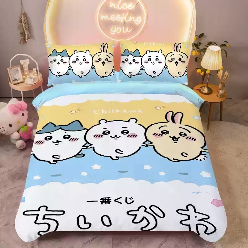 ST2 Chiikawa Usagi 3IN1 Ga trải giường Vỏ chăn gối Bộ chăn ga gối Phòng ngủ gia đình Bộ đồ hoạt hình có thể giặt được TS2