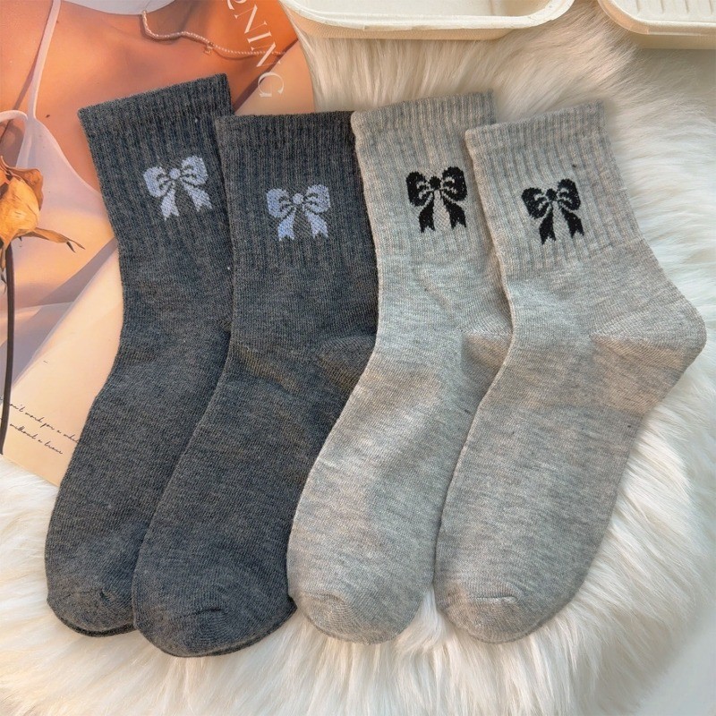 2 Đôi Tất Ống Giữa Nơ - Thoải Mái, Thoáng Khí, Mềm Mại, Phong Cách INS - Vớ Cotton Giữa Ống Chống Pilling - Tất Dày Mùa Thu Đông Ấm Áp