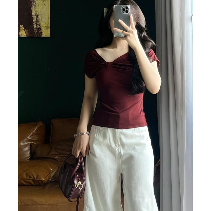 Áo Nhún Nơ Ngực Lệch Vai, Áo Thun Trễ Vai Xoắn Chéo Ngực Ôm Body Phong Cách Ullzang_A513