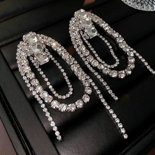 1 Đôi Bông tai kim cương đính tua rua hình bầu dục rỗng cô dâu với thiết kế nhẹ nhàng sang trọng và thích hợp, bông tai dài