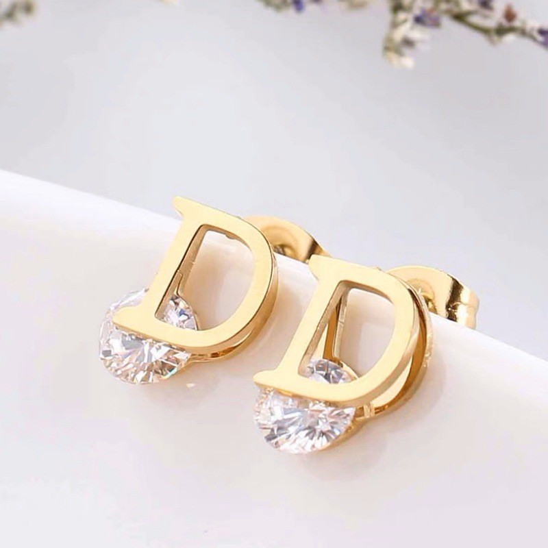 Thời Trang D Chữ Zircon Bông Tai 18K Mạ Vàng Không Phai Màu Nữ Sáng Tạo Bông Tai Chữ