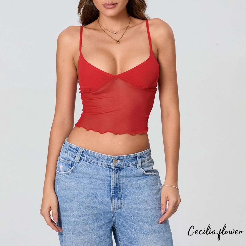Áo hai dây nữ Spaghetti Dây đeo cổ chữ V tuyn chắp vá Slim Fit Áo mùa hè cho câu lạc bộ tiệc tùng