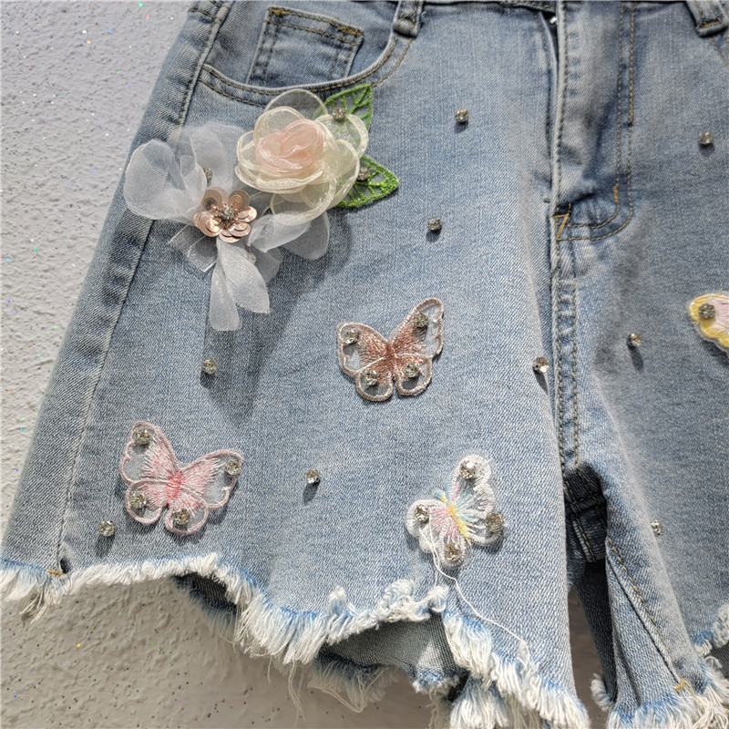 Ga Châu Âu Quần Short Denim Nữ Mùa Hè 2025 Phong Cách Mới Hợp Thời Trang Rách Đính Hạt Hoa Thêu Mỏng Hơn Nhìn Rộng Quần Nóng