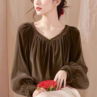 Độc Đáo Đẹp Năm nay Phổ Biến Ánh Sáng Đẹp Sang Trọng Giảm Tuổi Phong Cách Phương Tây Mai Vàng Nhung Áo Sơ Mi Nữ Thu Đông 24.12.4