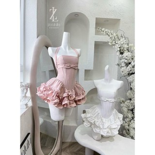 Đầm thiết kế IGU cúp ngực corset dáng ngắn bồng xòe bèo nhún chất liệu taffa , váy xòe cúp ngực đính nơ phù hợp dự tiệc.