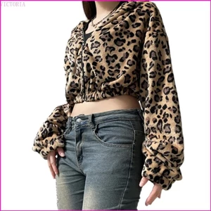 Vic Nữ Da Báo In Hình Lông Cừu Zip Up Crop Áo Khoác Áo Dài Tay Thường Ngày Quá Khổ Áo Khoác Rời Áo Khoác Ngoài