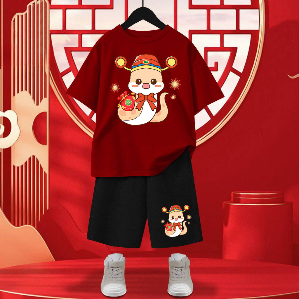 Bộ Áo thun in hình rắn năm 2025 CNY Áo phông & Quần đùi rộng ngoại cỡ cho trẻ em hoàn hảo cho lễ kỷ niệm Tết Nguyên Đán