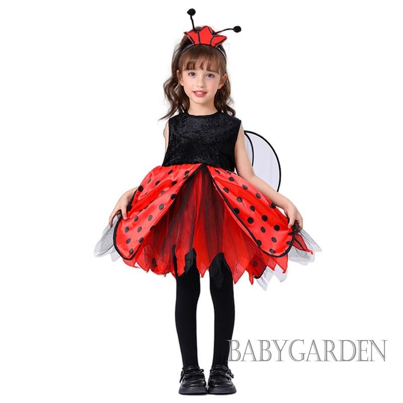 / / -Trang Phục hóa trang ong động vật / bọ rùa cho bé gái 4-10 tuổi Váy cổ tròn không tay + Cánh + Trang phục băng đô
